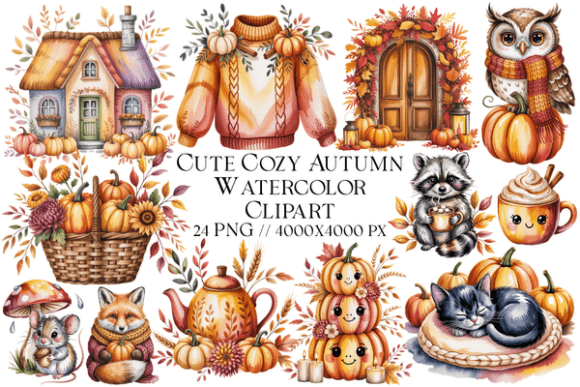 Cute Cozy Autumn Watercolor Clipart
