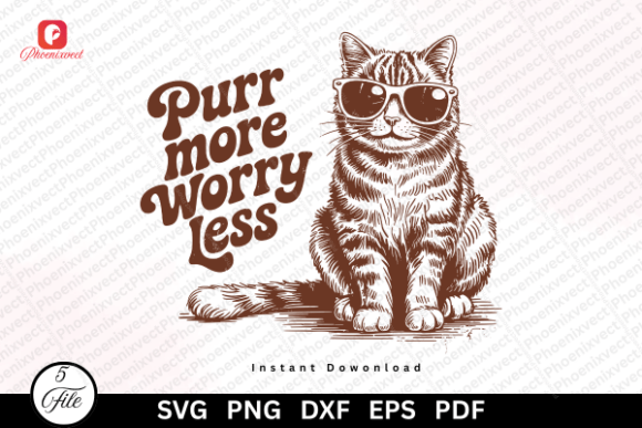 Funny Cat Lover Purr More Worry Less PNG: Adding Retro Feline Charm to Your Creative Projects