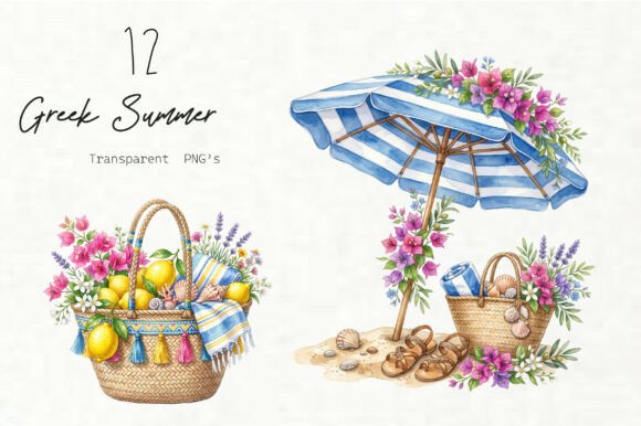Greek Summer Clipart Set: Elevating Creative Projects with Timeless Mediterranean Charm