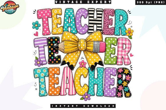 Retro Teacher Pencil Bow Patchwork PNG – A Vibrant Design for Creative Educators and Trendy Classroom Apparel