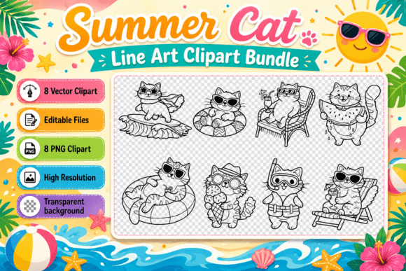 Summer Cat Line Art Clipart Bundle: Practical Design Integration for Creative Workflows