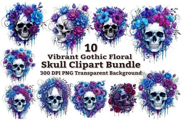Vibrant Gothic Floral Skull Clipart: A Bold Choice for Creative Projects