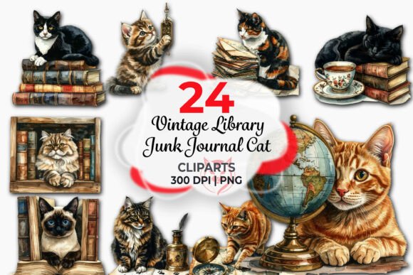 Vintage Library Junk Journal Cat Clipart: A Creative Treasure for Makers and Designers