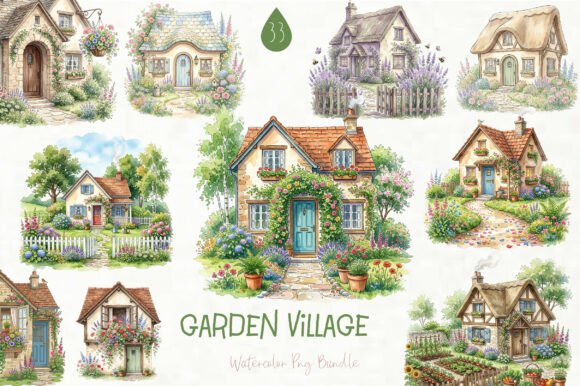 Watercolor Garden Village Clipart Set: A Creative Resource for Makers and Designers