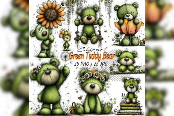 Whimsical Floral Green Teddy Bear Clipart: A Versatile Design Asset for Creative Projects