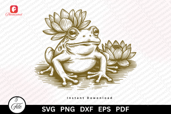 Whimsical Pondside Charm: Exploring the Floral Lotus Hand Drawn Vintage Frog SVG