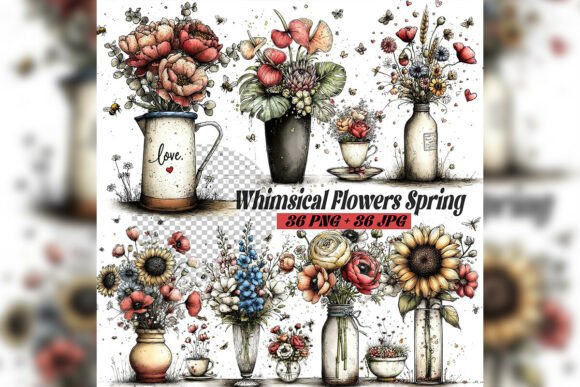 Whimsical Spring Flowers Clipart Set: A Versatile Design Resource for Creative Projects